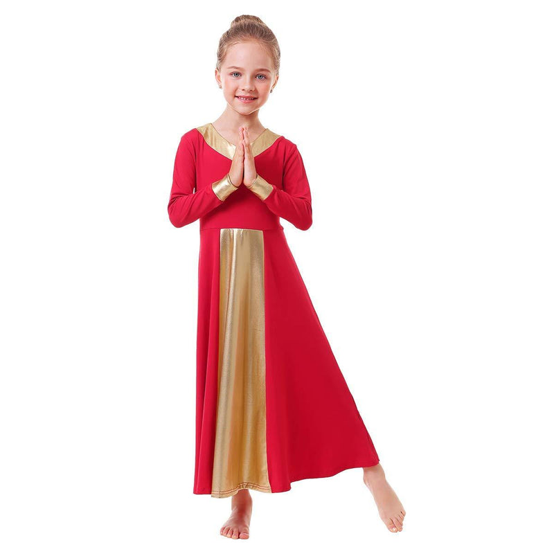 [AUSTRALIA] - IBAKOM Girls Metallic Gold V-Neck Praise Dance Dresses Liturgical Church Loose Fit Full Length Color Block Worship Dancewear 13-14 Years Red-gold 