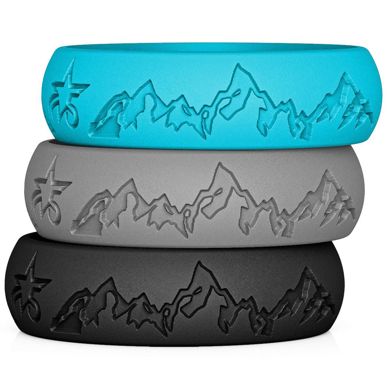 5starzz Premium Quality Fashion Silicone Wedding Ring for Men and Women, Rubber Wedding Band, Practical and Beautiful Mountains Design Inspired by Nature, 8 or 6 mm Wide, Comes in a Gift Box 3 Set Black / Light Grey / Blue 4 - BeesActive Australia