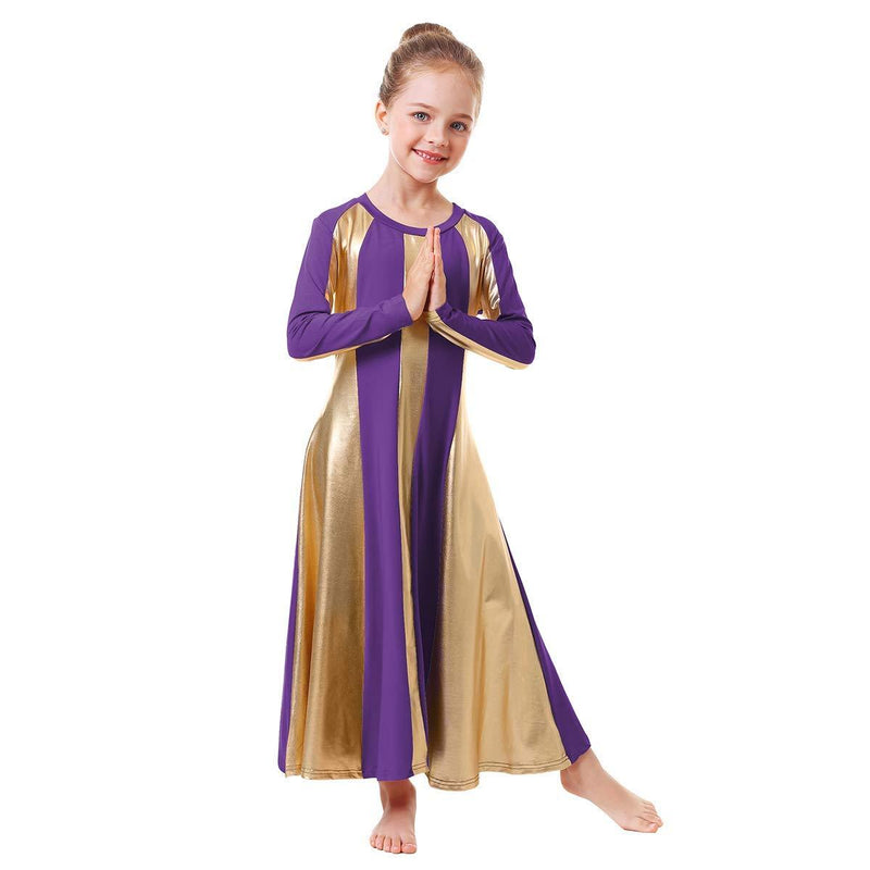 [AUSTRALIA] - IBAKOM Girls Metallic Gold Praise Dance Robe Dresses Liturgical Church Loose Fit Full Length Color Block Worship Dancewear 11-12 Years Purple-gold 