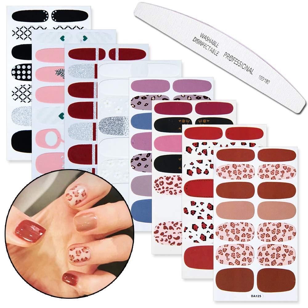 WOKOTO 8 Sheets Adhesive Nail Art Polish Stickers Tips With 1Pc Nail File Glitter Leopard Print Design Nail Wraps Decals Manicure Kit - BeesActive Australia