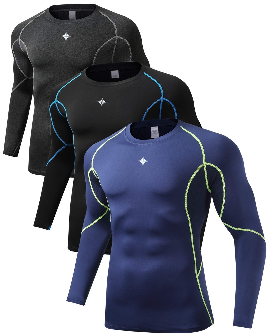 Milin Naco Cool Dry Compression Shirts for Men Long Sleeve Baselayer Tops ?Pack of 1, 2 or 3 Black / Hemp Gray / Navy X-Large - BeesActive Australia