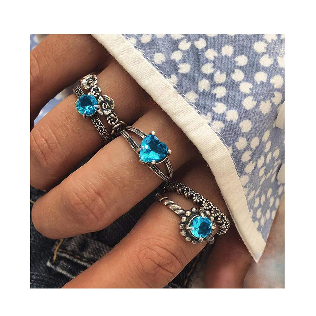 Edary Fashion Crystal Rings Set Flower Joint Knuckle Ring Silver Rings for Women and Girls.(5PCS) - BeesActive Australia