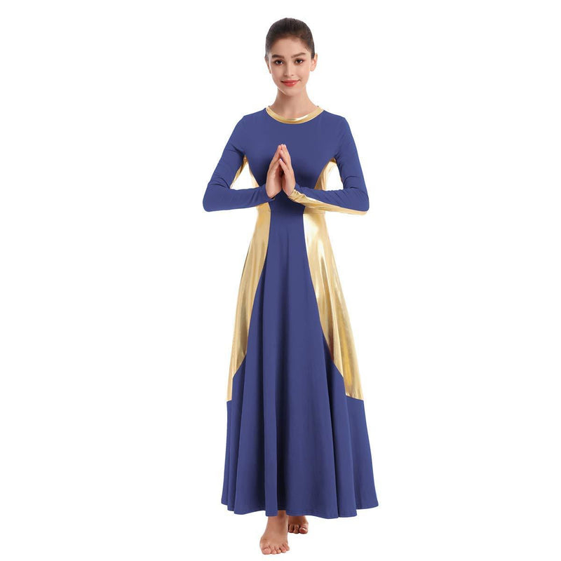[AUSTRALIA] - IBAKOM Womens Praise Liturgical Dancewear Long Sleeves Dance Dress Metallic Gold Loose Fit Full Length Tunic Circle Costume Small Navy Blue-gold 