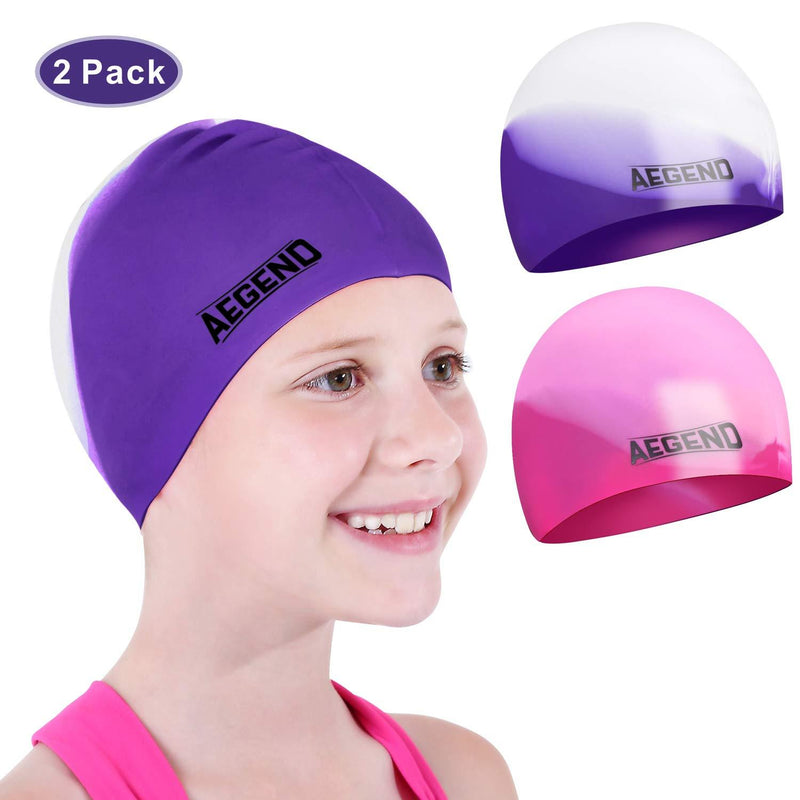 [AUSTRALIA] - Aegend 2 Pack Swim Cap for (Age 2-12), Durable Silicone Swimming Cap for Kids Youths, Comfortable Fit for Long Hair and Short Hair, 6 Colors Bright Purple & Pink Medium (age 5-10) 