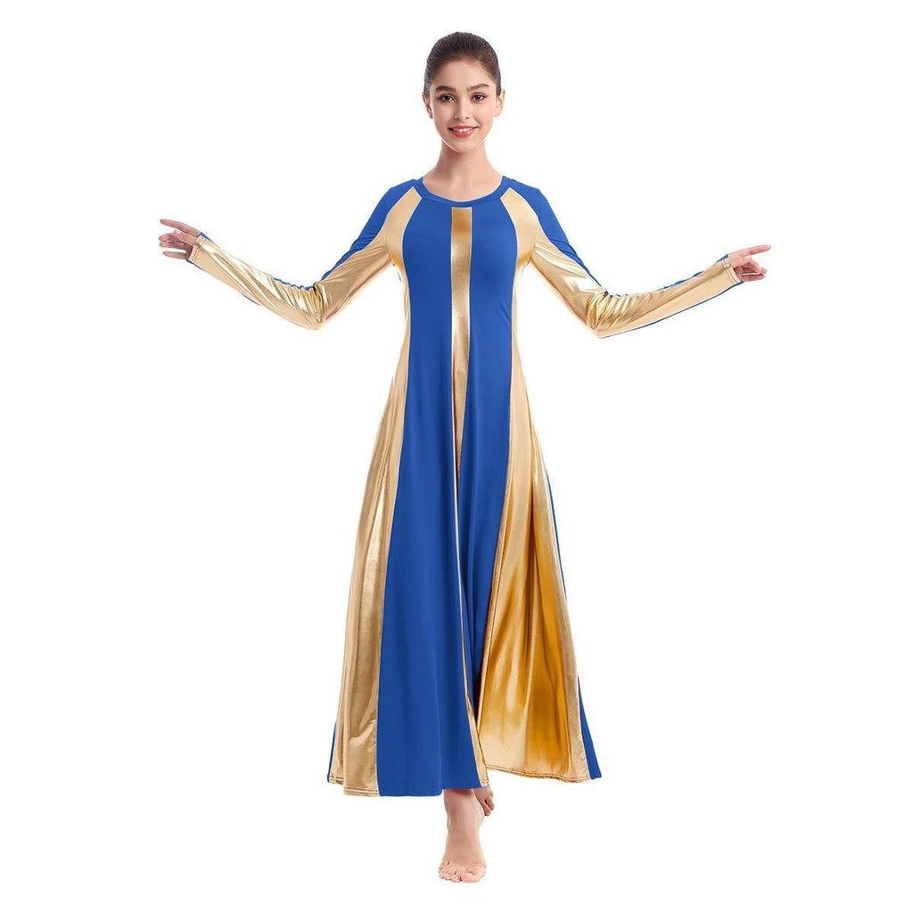 [AUSTRALIA] - IBAKOM Womens Adult Metallic Gold Color Block Long Sleeve Praise Dance Dress Loose Fit Full Length Liturgical Lyrical Worship Royal Blue+gold Small 