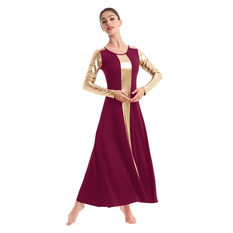 [AUSTRALIA] - IBAKOM Womens Liturgical Praise Worship Dance Dress Loose Fit Full Length Metallic Gold Color Block Tunic Dancewear Burgundy-gold XX-Large 