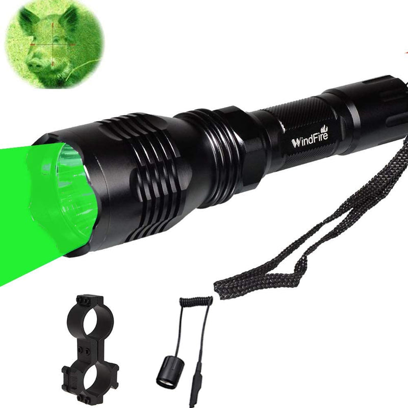 WINDFIRE WF-802 Green LED Coyote Hog Hunting Light Set 350 Lumens Tactical Flashlights 250 Yard Long Range Throwing Green LED Light & Pressure Switch Barrel Mount 1'' Scope Mount Full Set - BeesActive Australia