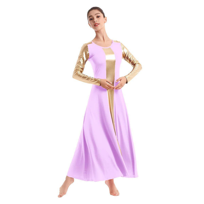 [AUSTRALIA] - IBAKOM Womens Liturgical Praise Worship Dance Dress Loose Fit Full Length Metallic Gold Color Block Tunic Dancewear Light Purple-gold Large 