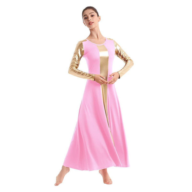 [AUSTRALIA] - IBAKOM Womens Liturgical Praise Worship Dance Dress Loose Fit Full Length Metallic Gold Color Block Tunic Dancewear Pink-gold Medium 