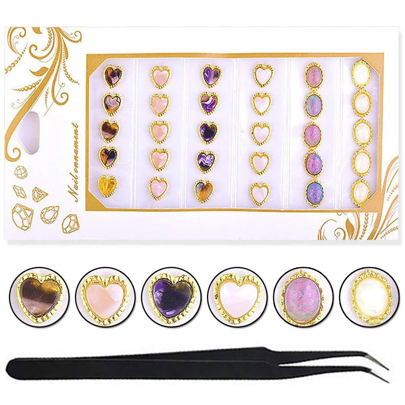 WOKOTO 30 Pcs Large Nail Art Decoration Set Heart Shape Ellipse Gem Agate Colorful Nail Crystals Manicure Jewelry Kit With 1Pc Tweezers And Picker Pencil KIT1 - BeesActive Australia