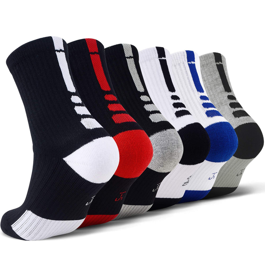 JHM Kids Athletic Sport Sockcs Team Cushioned Basketball Soccer Crew Socks For Ages 4 to 16 6 Pairs Color#1 Shoe size 1-5 or Ages 8-11 - BeesActive Australia