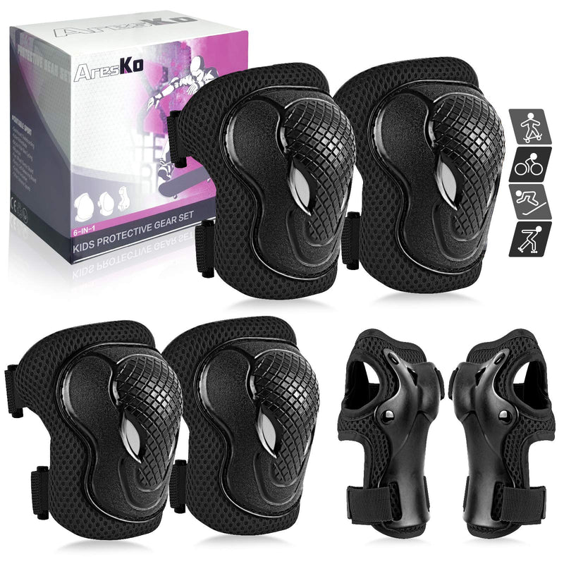 AresKo Kids/Youth Protective Gear Set, Kids Knee Pads and Elbow Pads Wrist Guard Protector 6 in 1 Protective Gear Set for Scooter, Skateboard, Bicycle, Inline Skating Black S(15-40kg) - BeesActive Australia