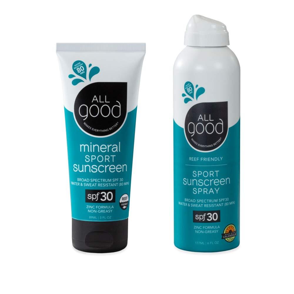 All Good Sport Face & Body Sunscreen - UVA/UVB Broad Spectrum, Water Resistant, Coral Reef Friendly - 30 SPF Sunscreen Spray & Lotion 2-Pack - BeesActive Australia