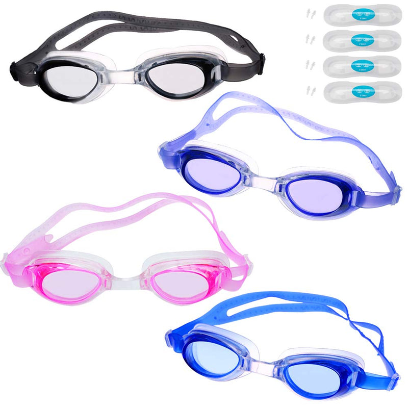 Peicees 4 Pack Swim Goggles for Kids 6-14 with Earplugs and Case Clear Anti-Fog Black+blue+purple+pink - BeesActive Australia