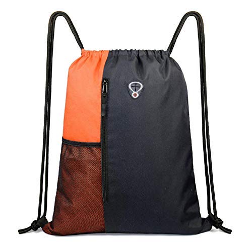 Drawstring Backpack Sports Gym Bag for Women Men Children Large Size with Zipper and Water Bottle Mesh Pockets Black/Oranage - BeesActive Australia