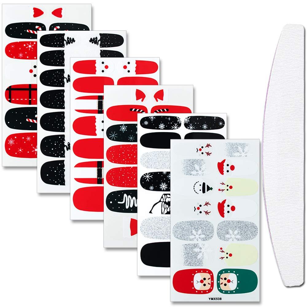 WOKOTO 6 Sheets Adhesive Nail Art Polish Stickers Strips Set With 1Pc Nail File Nail Wraps Decals Manicure Kit For Christmas KIT2 - BeesActive Australia