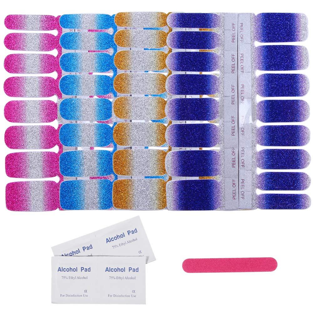 HERIS 4 Different Sheets Shiny Full Nail Art Tips Stickers with 1PCS Nail Buffer File and 4PCS Cleaning Pads False Nail Design Manicure Sets B - BeesActive Australia