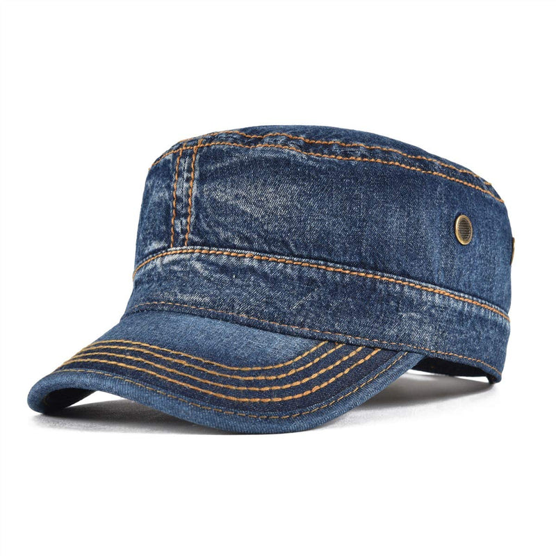 VOBOOM Washed Cotton Military Caps Cadet Army Caps Unique Design Vintage Flat Top Cap Denim Dark Blue - BeesActive Australia