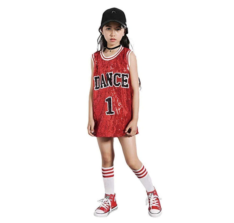 [AUSTRALIA] - Girls Sequins Hip Hop Modern Jazz Costume Outfit Street Dance Stage Performance Dress with Socks 5 Red 