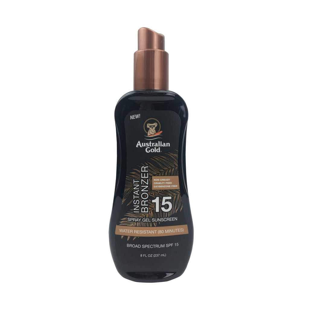 Australian Gold Spray Gel Sunscreen with Instant Bronzer SPF 15, 8 Ounce | Moisturize & Hydrate Skin | Broad Spectrum | Water Resistant | Non-Greasy | Oxybenzone Free | Cruelty Free Instant Bronzer - New - BeesActive Australia