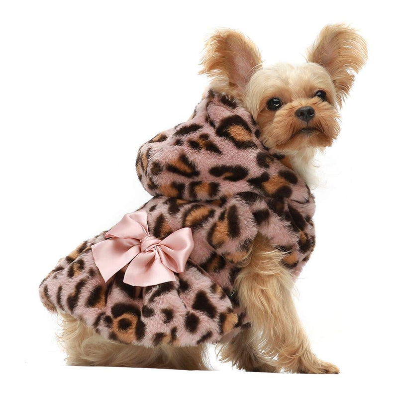 Fitwarm Fluffy Faux Fur Leopard Dog Coats Pet Jackets Cat Winter Clothes Hoodies Pink Medium - BeesActive Australia