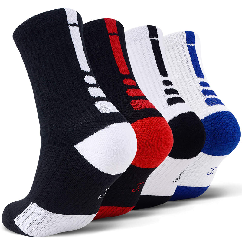 JHM Kids Athletic Sport Sockcs Team Basketball Soccer Crew Socks For Ages 4 to 16 4 Pairs Color#1 12-16 Years - BeesActive Australia