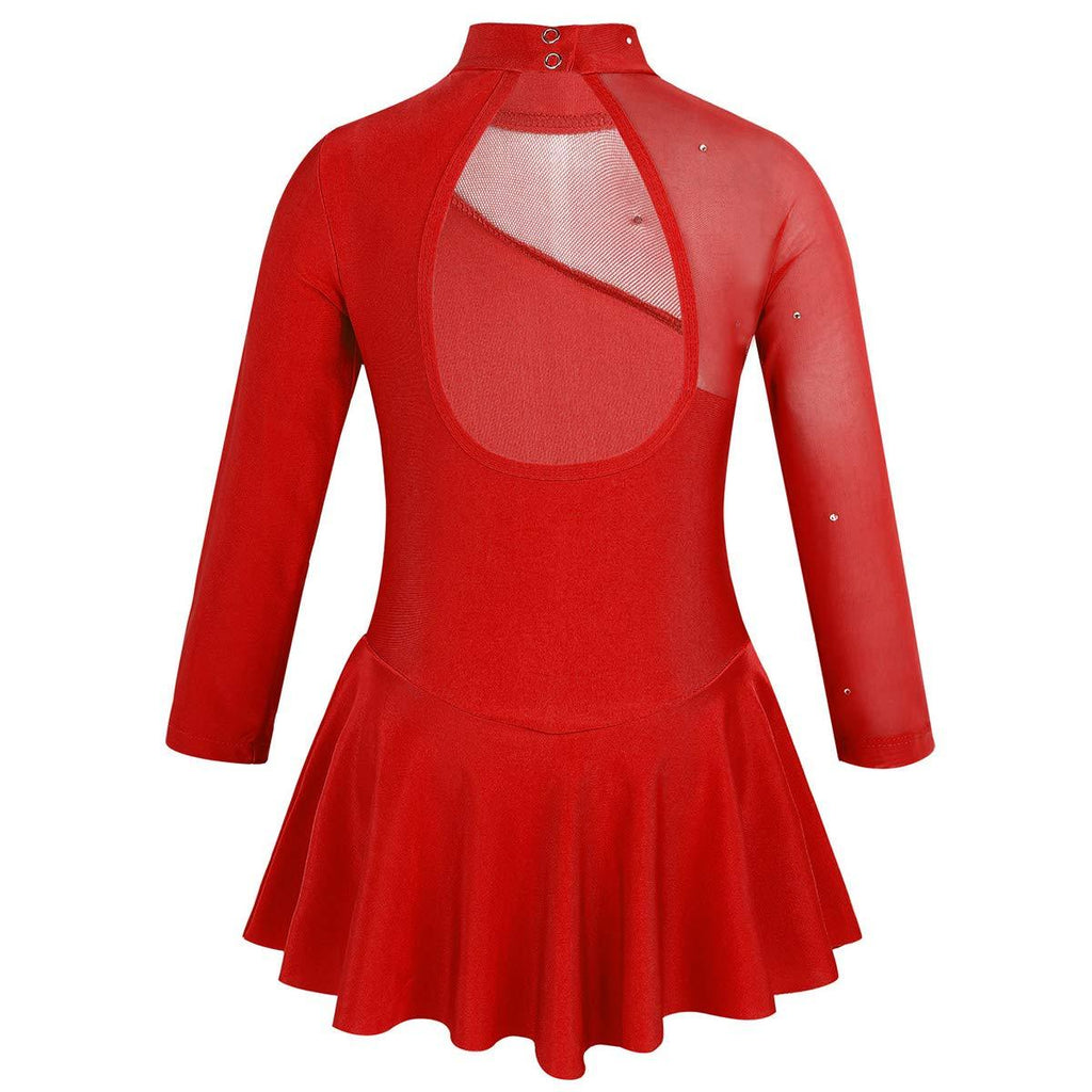 [AUSTRALIA] - winying Girls Mock Neck Long Sleeves Tulle Splice Cut Out Back Roller Ice Figure Skating Dress Ballet Dancewear Red 12 