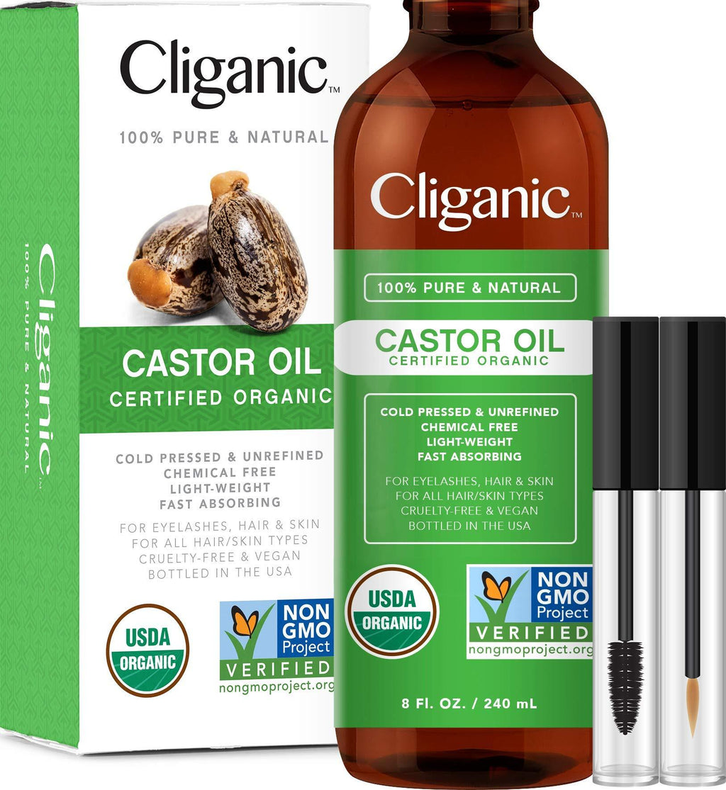 Cliganic USDA Organic Castor Oil, 100% Pure (8oz with Eyelash Kit) - For Eyelashes, Eyebrows, Hair & Skin | Natural Cold Pressed Unrefined Hexane-Free | DIY Carrier Oil | Cliganic 90 Days Warranty 8 Ounce - BeesActive Australia