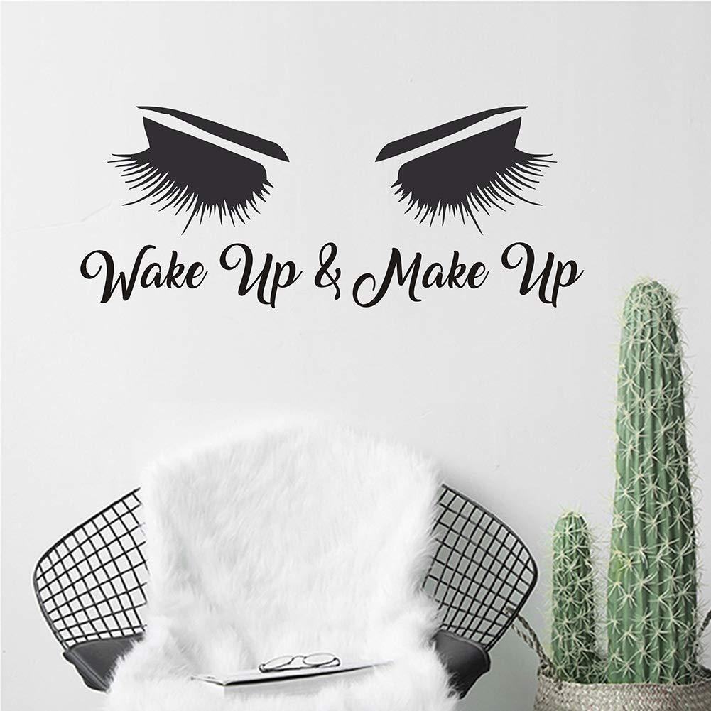 JUEKUI Vinyl Wall Decal Sticker Eye Eyelashes Wake Up Make Up Girls Bedroom Decor Beauty Salon Makeup Nail Manicure Mural WS68 (Black, S 57x23cm) Black - BeesActive Australia