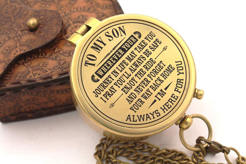 Antique Nautical Vintage Directional Magnetic Compass with Famous Scripture Quote Engraved Baptism Gifts with Leather Case or Wooden Case for Loved Ones, Son, Father, Love, Partner, Spouse, Fiancé. #2 To My Son: "Wherever Your Journey" - BeesActive Australia