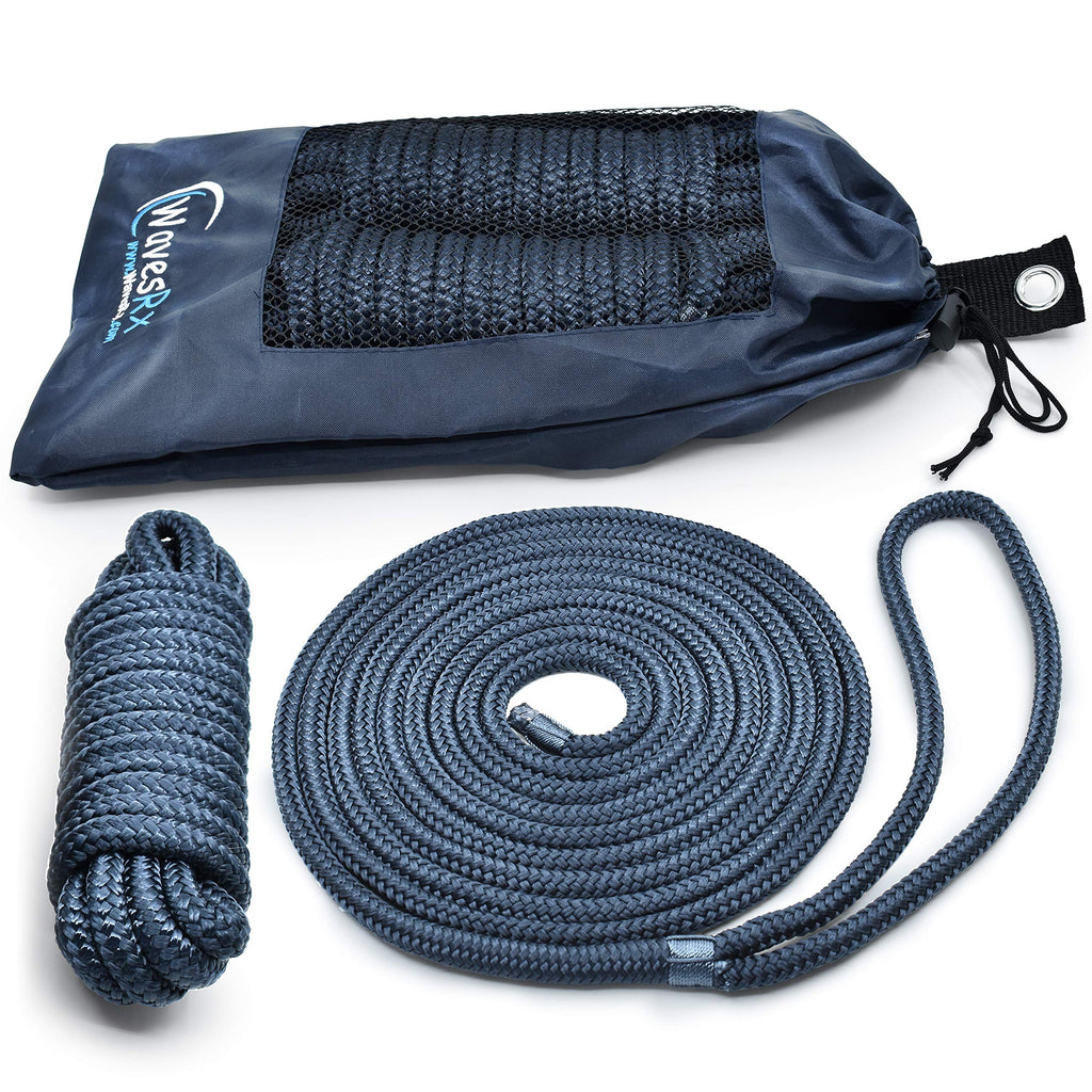 WAVESRX Premium Boat Dock Line ? x 15 (2 Pack) | Double Braided Nylon Marine Mooring Rope | Low Stretch and High Shock Absorption, 12 Spliced Eyelet + Storage Bag | Resist Oil, Sun and Saltwater 3/8"x15' (2PK) - BeesActive Australia