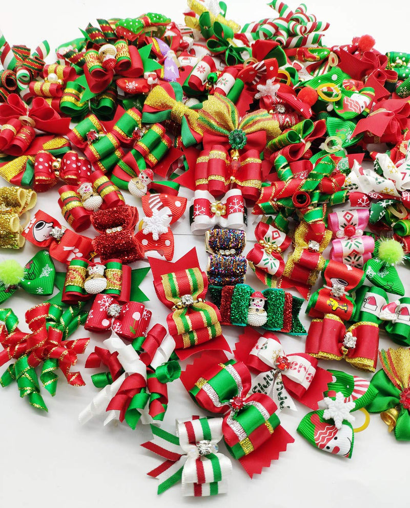 Hixixi 100pcs Dog Puppy Cat Christmas 3D Rhinestone Hair Bows with Rubber Bands Flat Pet Xmas Grooming Accessories - BeesActive Australia