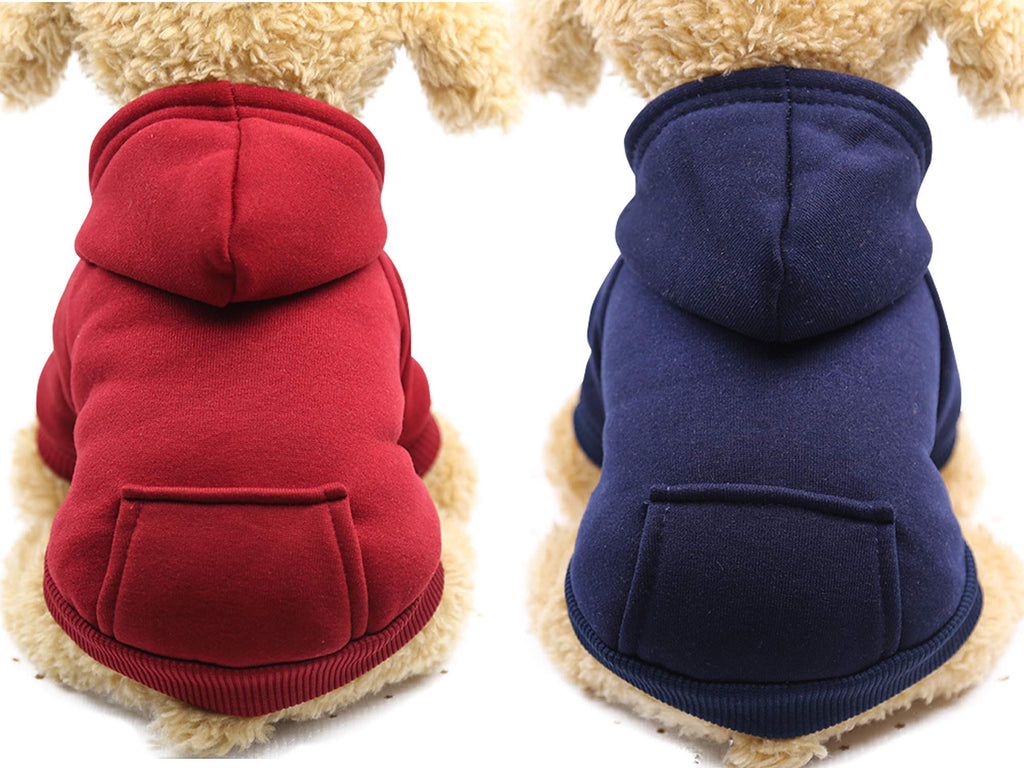 2 Pieces Winter Dog Hoodie Warm Small Dog Sweatshirts with Pocket Cotton Coat for Dogs Clothes Puppy Costume (M) Dark Blue, Wine Red Medium - BeesActive Australia