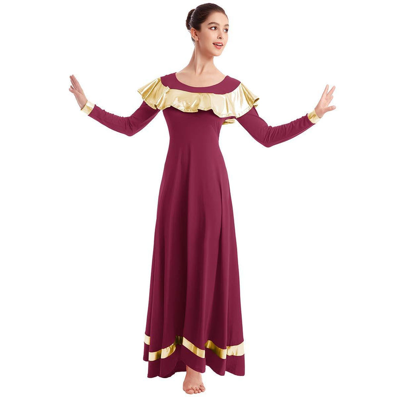 [AUSTRALIA] - IBAKOM Womens Praise Liturgical Worship Dance Dress Ruffle Metallic Gold Color Block Loose Fit Full Length Dancewear Wine Red Small 