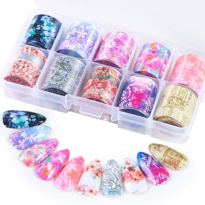 Flower Nail Art Foil Transfer Stickers 10Rolls Retro Bloom Vine Nails Supply Foils Sweet Paris Script Nail Designs Shinning Holographic Decals Set for Manicure Wraps Fingernails Toenails Decorations - BeesActive Australia