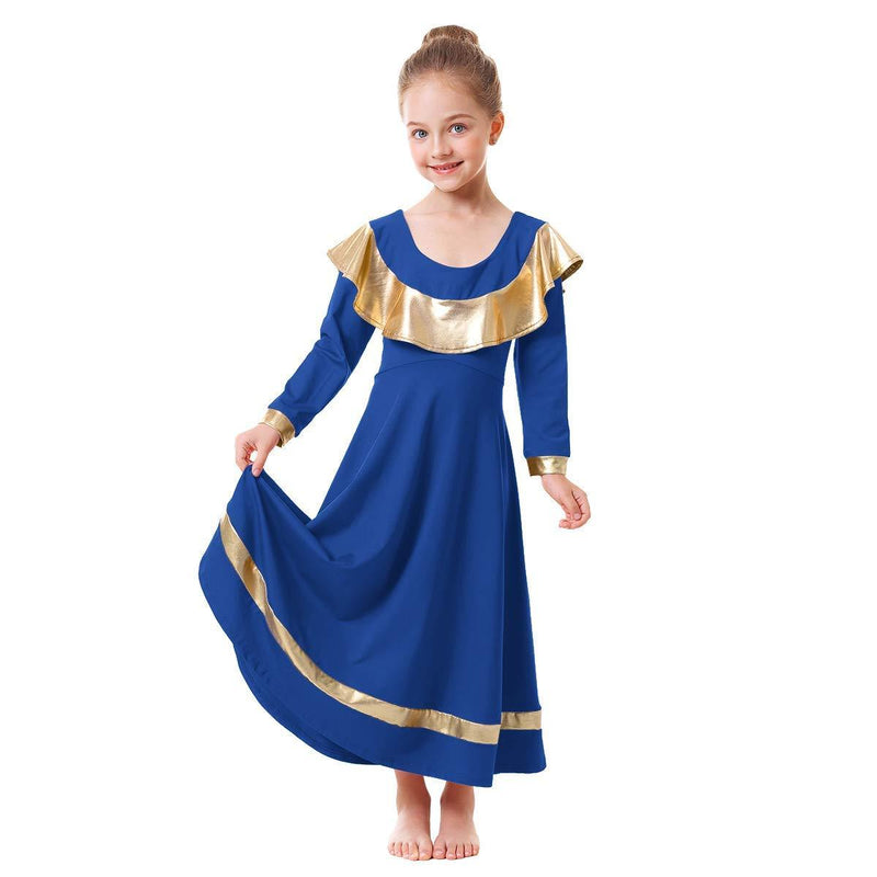 [AUSTRALIA] - Little Big Girls Ruffle Metallic Gold Praise Dance Dresses Kids Long Sleeve Liturgical Lyrical Worship Dress Loose Fit Full Length Maxi Tunic Circle Skirt Dancewear Costume Royal Blue 13-14Y 