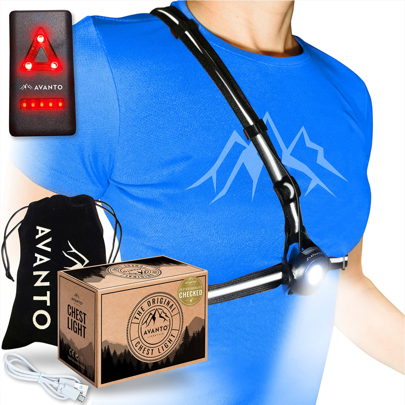 AVANTO PRO Chest Running Light for Runners and Joggers, Original, Adjustable Beam and Reflector, All in one Reflective Running Vest Gear, Safety Light, Headlamp Flashlights, USB LED Bicycle Light Black - BeesActive Australia