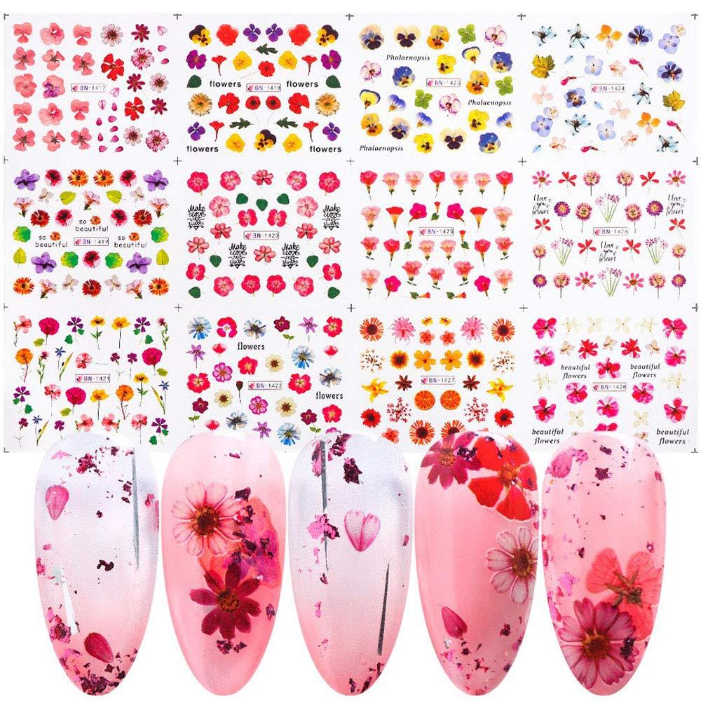 Lookathot 12Styles/Sheets Nail Art Stickers Decals Watercolor Dry Flower Design DIY Foil Paper Printing Transfer Acrylic Decals - BeesActive Australia