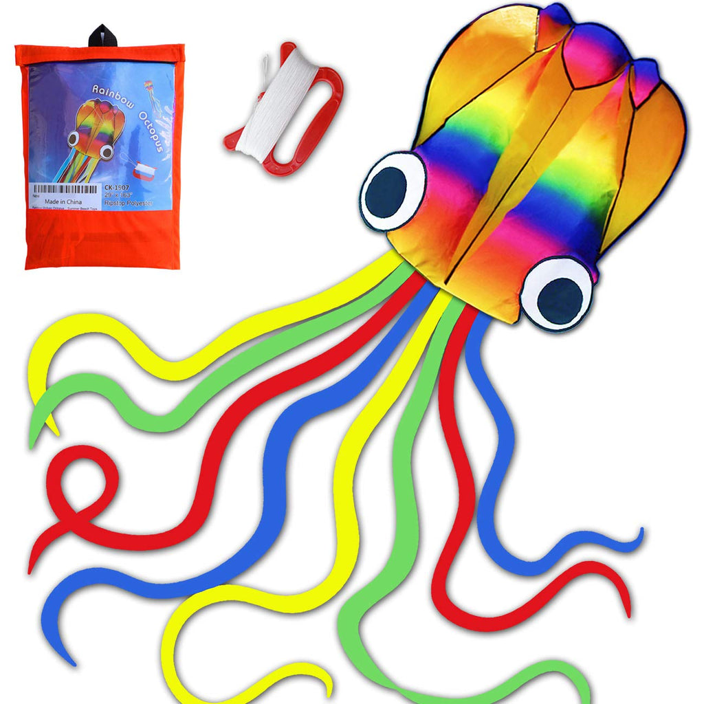 14ft R2F Rainbow Soft Octopus Kite for Kids and Audlts---Large Kite with 11.5ft Long Tail and 200ft Flying line---Easy to Fly Toy for Outdoor Games Beach and Activities - BeesActive Australia