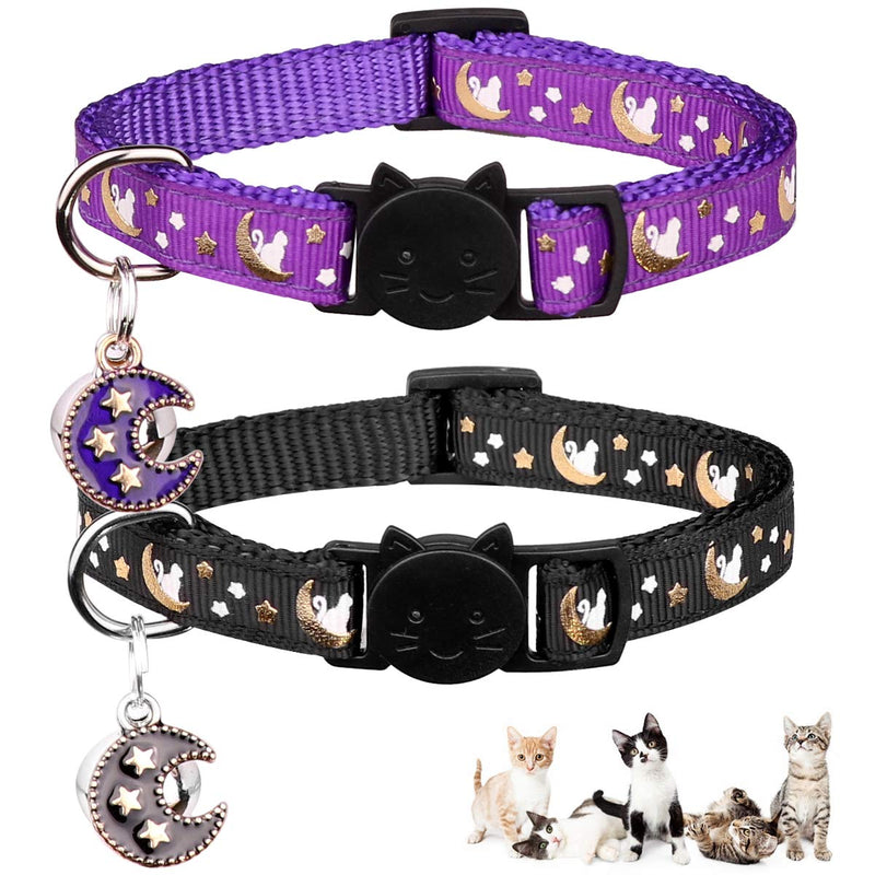 2PCS Breakaway Cats Collars with Bell Moons Stars Adjustable Kitten Collars with Pendant Glow in The Dark Purple+Black - BeesActive Australia