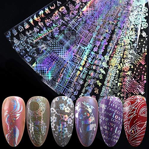 Valuu 10 Rolls Laser Flame Nail Art Foil Transfer Stickers Holographic Panda Lace Nail Foil Adhesive Decals Starry Sky Gradient Manicure Transfer Tips Nail Art DIY Decoration Kit - BeesActive Australia