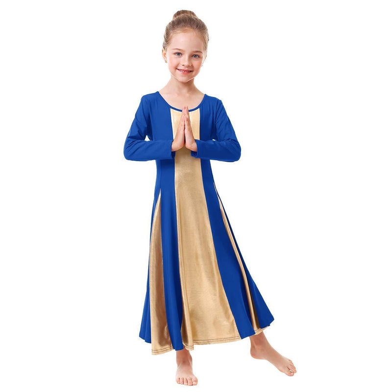 [AUSTRALIA] - IBAKOM Baby Little Big Girls Ruffle Metallic Gold Color Block Praise Dance Dress Liturgical Lyrical Worship Tunic Skirt Kid Dancewear Costume Royal Blue 3-4 Years 
