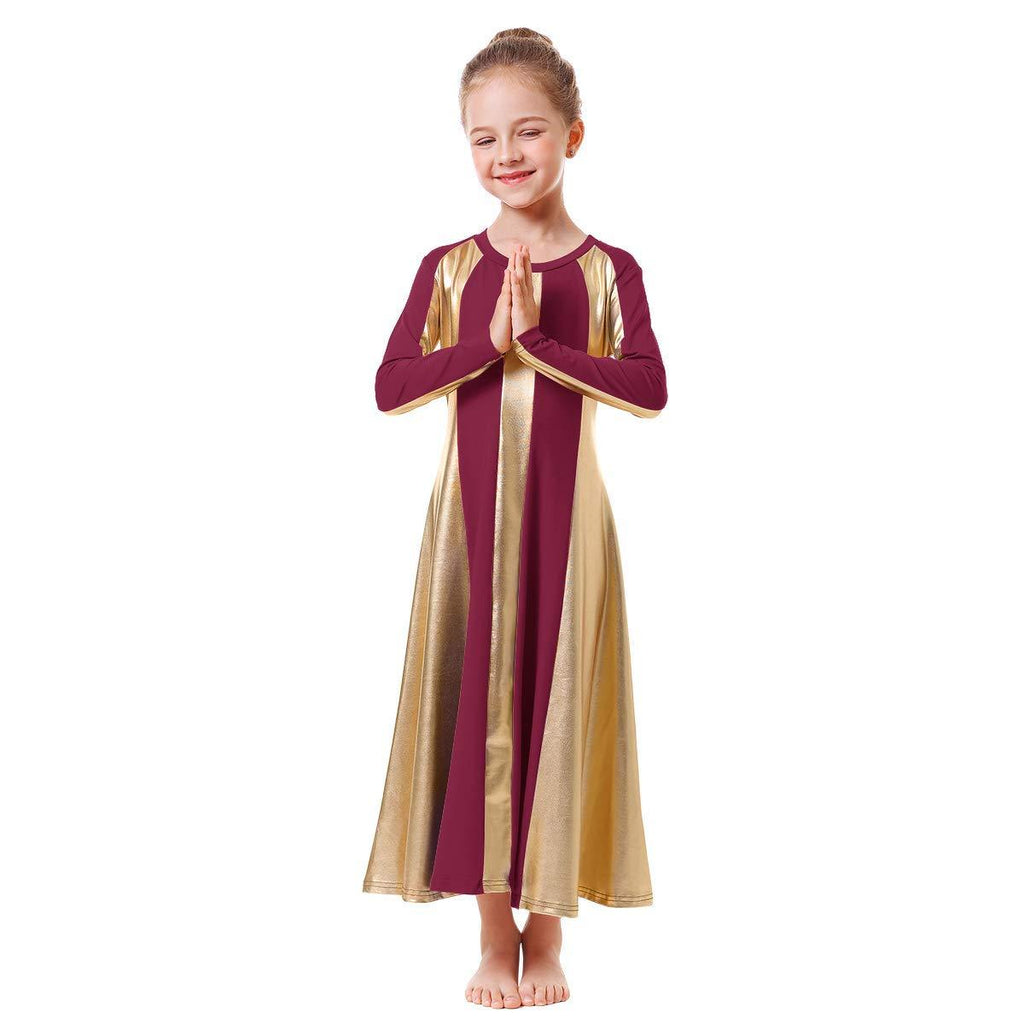 [AUSTRALIA] - IBAKOM Kids Girls Praise Long Sleeve Dance Robe Liturgical Metallic Bi Color Loose Fit Full Length Worship Dress Celebration of Spirit Costume Burdundy-Gold 9-10 Years 