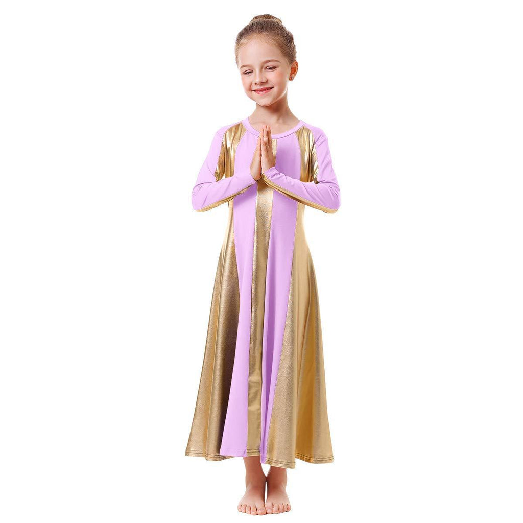 [AUSTRALIA] - IBAKOM Kids Girls Praise Long Sleeve Dance Robe Liturgical Metallic Bi Color Loose Fit Full Length Worship Dress Celebration of Spirit Costume Light Purple 13-14 Years 