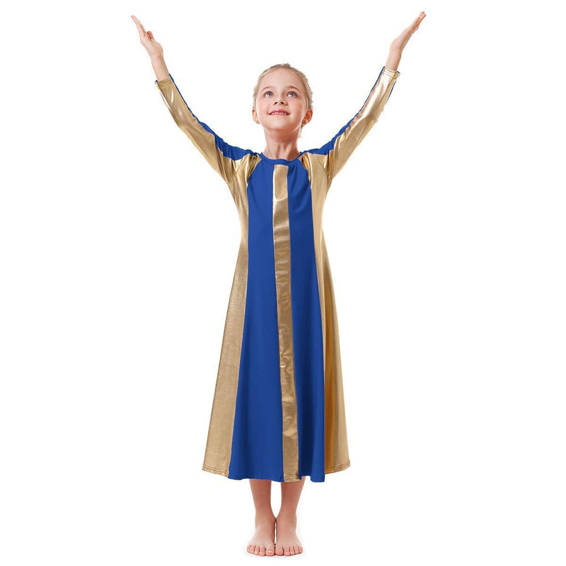 [AUSTRALIA] - IBAKOM Kids Girls Praise Long Sleeve Dance Robe Liturgical Metallic Bi Color Loose Fit Full Length Worship Dress Celebration of Spirit Costume Royal Blue 7-8 Years 