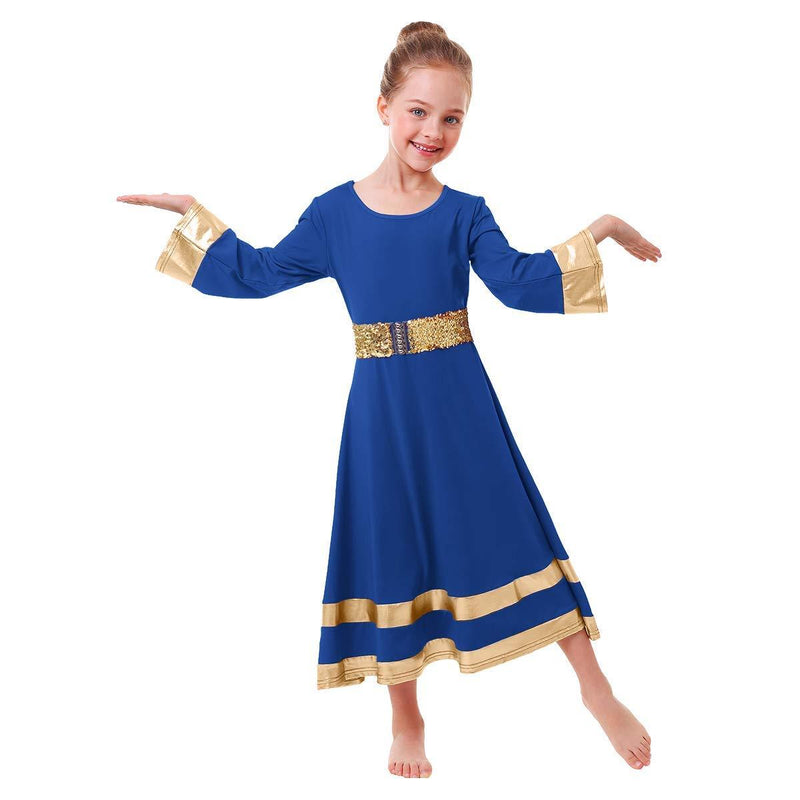 [AUSTRALIA] - IBAKOM Girls Metallic Gold Robe Worship Praise Dance Dress Long Sleeve Loose Full Length Liturgical Dancewear+Sequins Belt 3-4T Royal Blue 