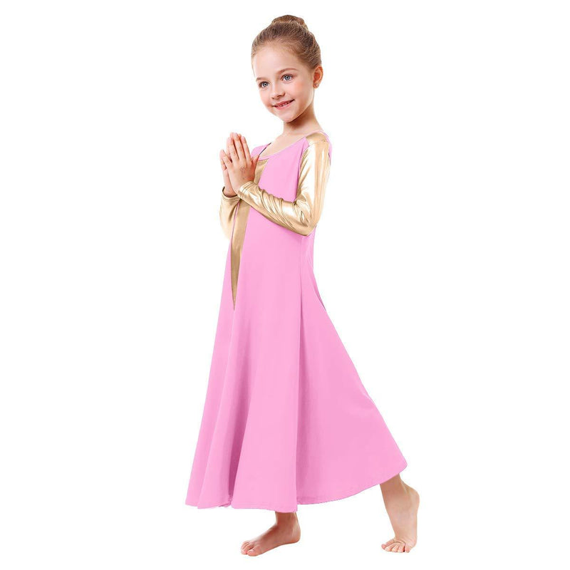 [AUSTRALIA] - IBAKOM Girls Metallic Gold Long Sleeve Praise Dance Dress Kids Liturgical Lyrical Church Christian Worship Dancewear 7-8 Years Pink-gold 