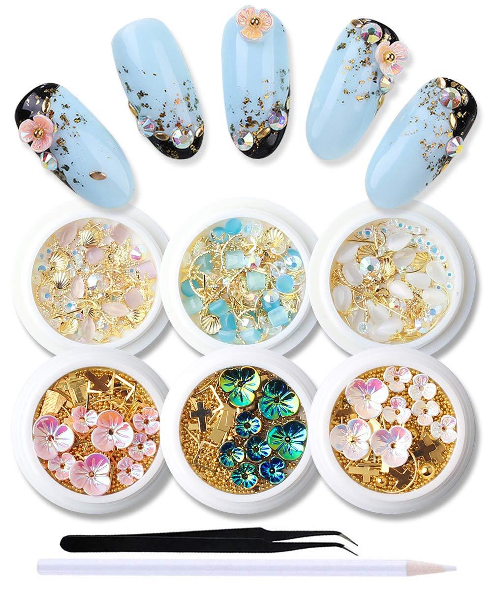 SILPECWEE 6 Boxes 3d Nail Art Decoration Set Cat Eye Stones Shell Flower Metal Nail Studs Manicure Jewelry With 1Pc Tweezers And Picker Pencil NO1 - BeesActive Australia