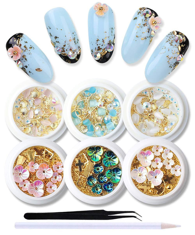 SILPECWEE 6 Boxes 3d Nail Art Decoration Set Cat Eye Stones Shell Flower Metal Nail Studs Manicure Jewelry With 1Pc Tweezers And Picker Pencil NO1 - BeesActive Australia