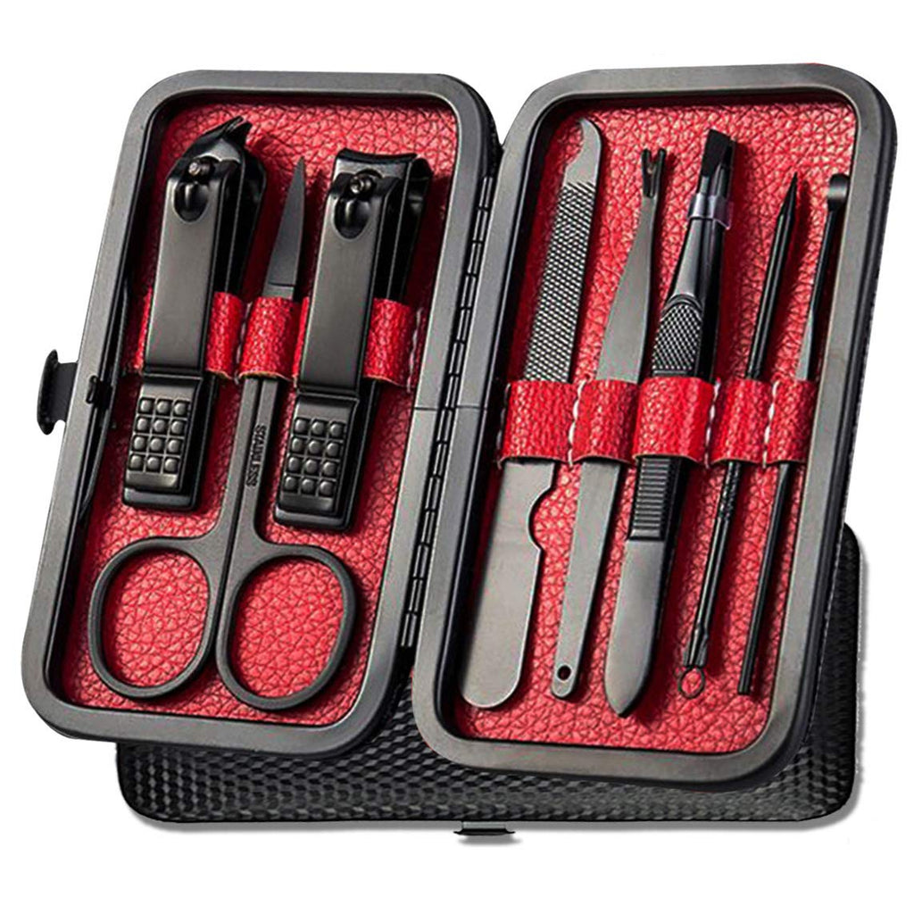 Manicure Set Pedicure Kit Nail Clippers Set 8 in1 High Precision Stainless Steel Cutter File Sharp Scissors for Men & Women Fingernails & Toenails Vibrissac Scissors with Stylish Case (black&red_8in1) black&red_8in1 - BeesActive Australia
